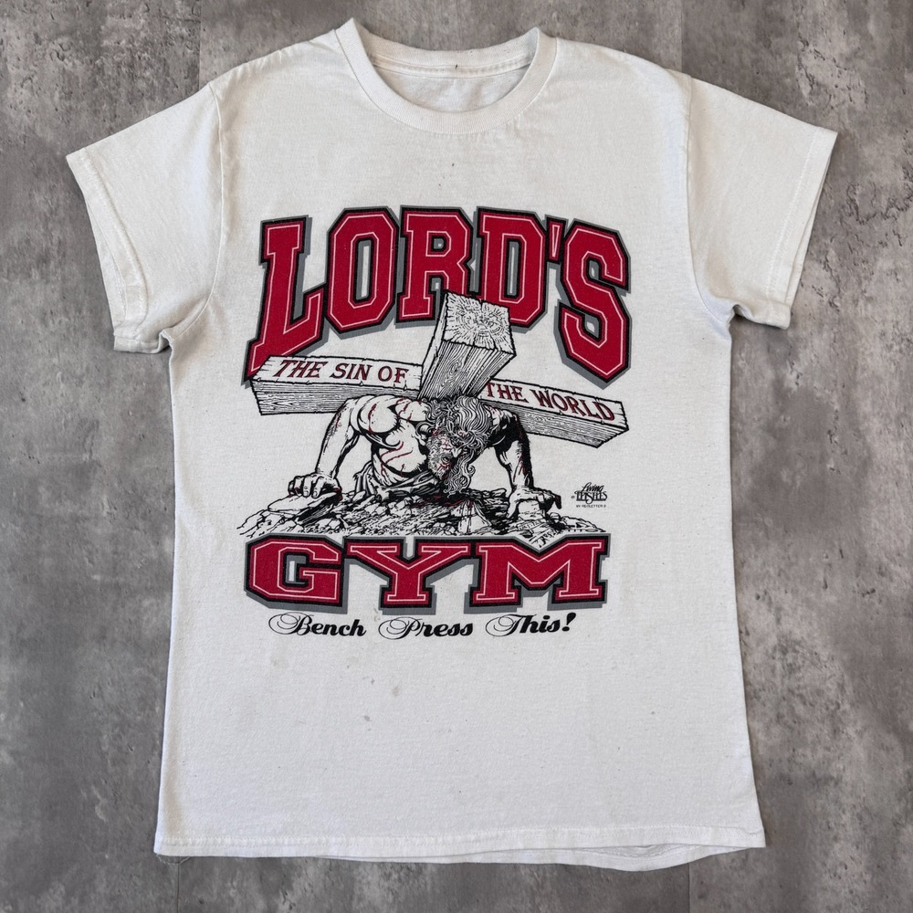 Vintage Lord's Gym Bench Press This T-Shirt Mens Small White Christian Jesus